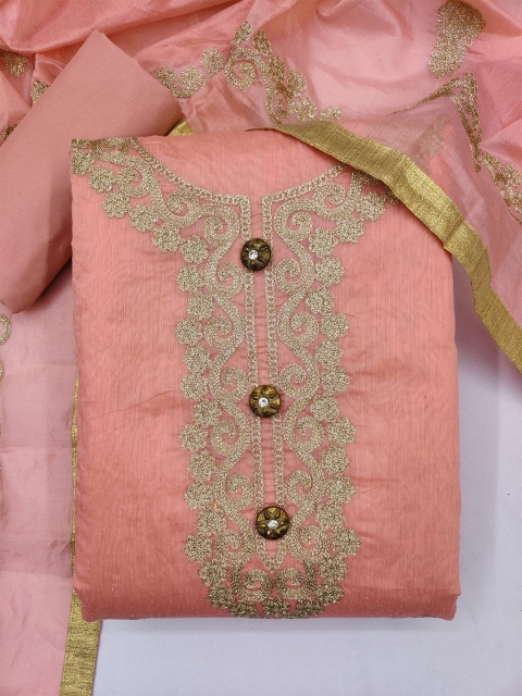 

mf Peach-Coloured & Gold-Toned Embroidered Unstitched Dress Material