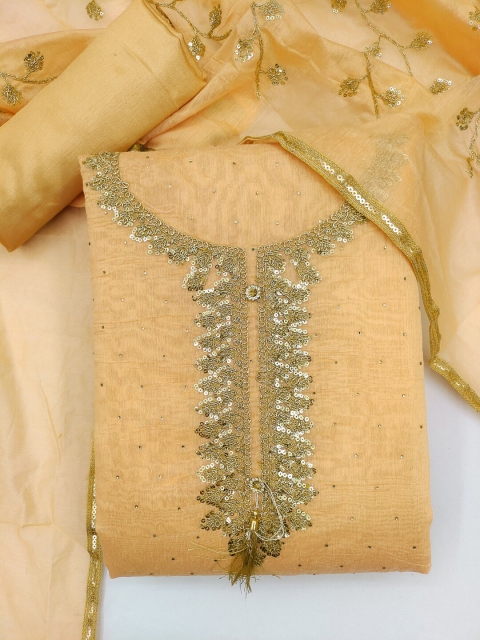 

mf Beige & Gold-Toned Embellished Unstitched Dress Material