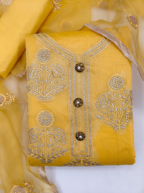 

mf Yellow & Silver-Toned Embroidered Unstitched Dress Material