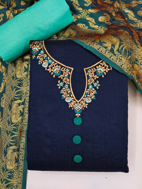 

mf Navy Blue & Gold-Toned Embroidered Unstitched Dress Material