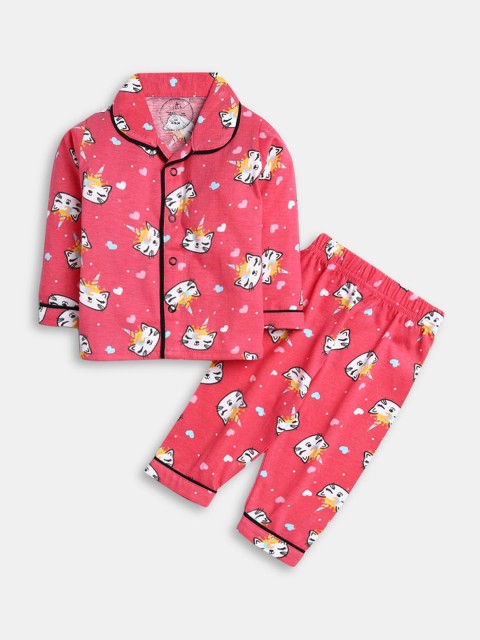 

Hopscotch Girls Pink & White Pure Cotton Printed Night suit