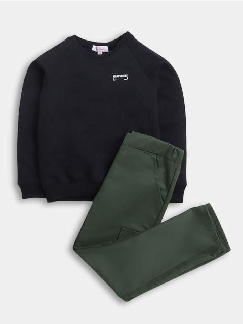 

Hopscotch Boys Black & Olive Green Pure Cotton Sweatshirt With Trousers