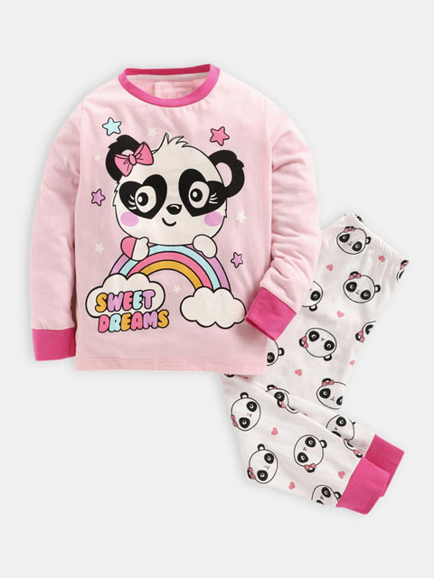 

Hopscotch Girls Pink & White Printed Night suit