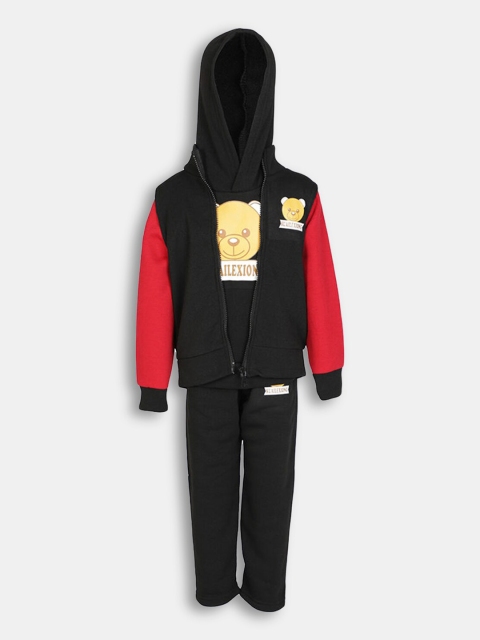 

Hopscotch Boys Black & Red Graphic Print Hooded Sweatshirt And Pant Set
