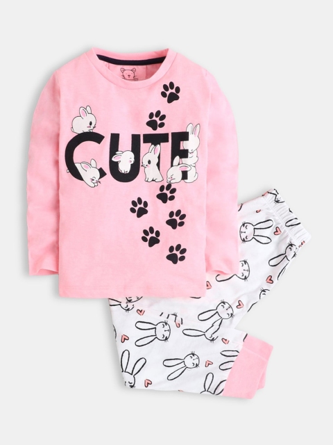 

Hopscotch Girls Pink & White Printed Night suit