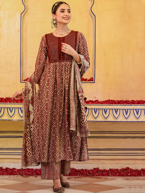 

FASHION DWAR Women Red Ethnic Motifs A-Line Cotton Kurta with Palazzos & With Dupatta