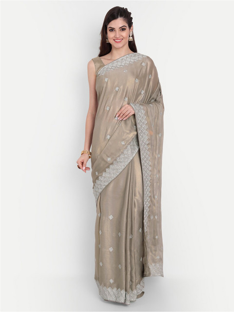 

kasee Women Grey & Silver-Toned Floral Embroidered Pure Chiffon Saree