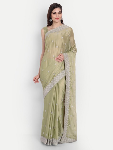 

kasee Sea Green & Silver-Toned Floral Embroidered Pure Chiffon Saree