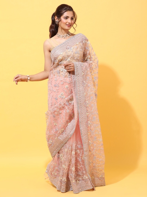 

kasee Peach-Coloured & Silver-Toned Floral Embroidered Net Saree