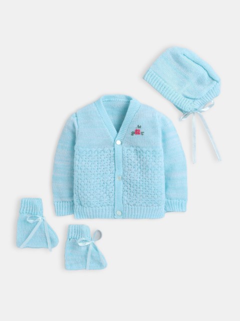 

Hopscotch Unisex Kids Blue & Pink Ribbed Cardigan With Cap And Bootie
