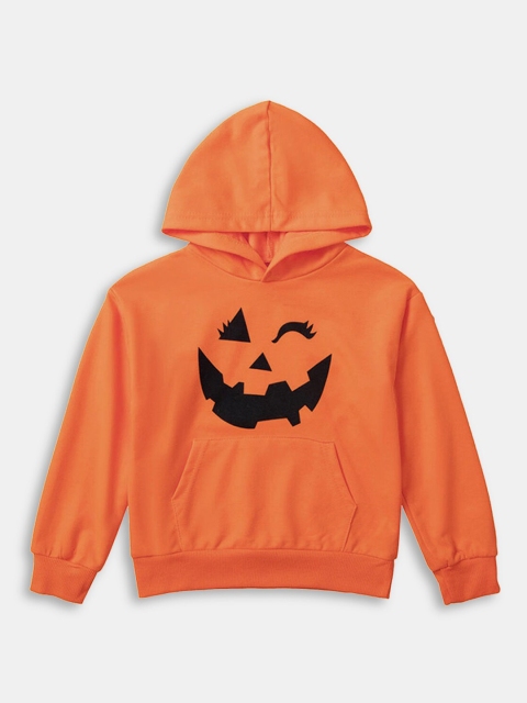 

Hopscotch Boys Orange Graphic Printed Hooded Pure Cotton Sweatshirt