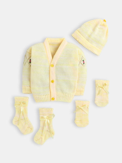

Hopscotch Unisex Infant Kids Yellow Pure Wool Sweater with Cap and Socks, Mittens