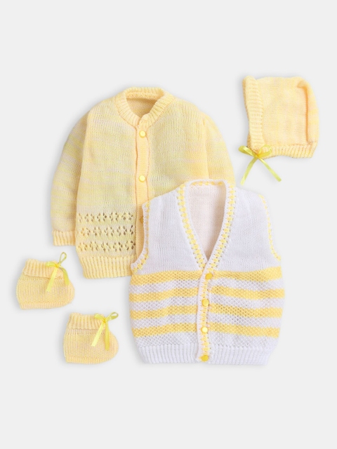 

Hopscotch Unisex Kids Pack of 2 Yellow & White Cardigan with Cap and Bootie