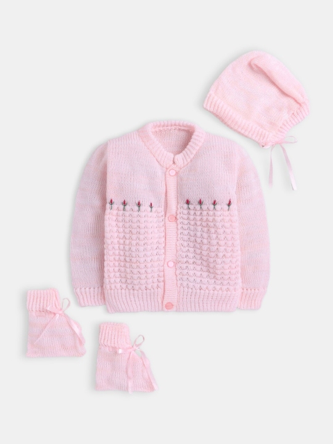 

Hopscotch Girls Pink Embroidered Floral Woolen Cardigan With Cap & Bootie