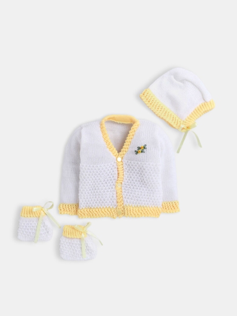 

Hopscotch Unisex Infants Kids Yellow & White Cable Knit Cardigan with Cap and Bootie