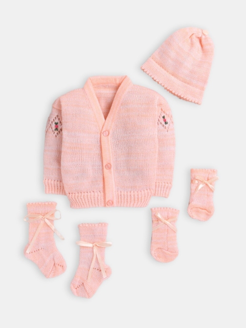 

Hopscotch Unisex Kids Peach-Coloured & White Ribbed Wool Cardigan