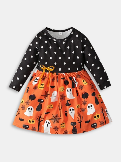 

Hopscotch Black & Orange Polka Dot Printed Dress