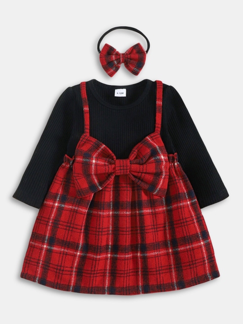 

Hopscotch Girls Black & Maroon Checked Dress with Headband