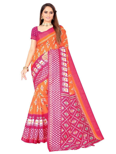 

KALINI Orange & Pink Art Silk Ikat Saree