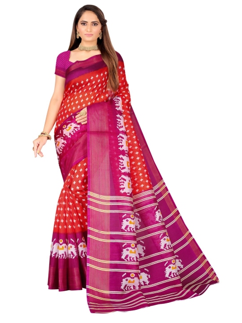 

KALINI Orange & Pink Ethnic Motifs Art Silk Ikat Saree