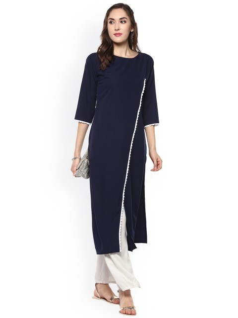 

Janasya Women Navy Blue Solid Straight Kurta
