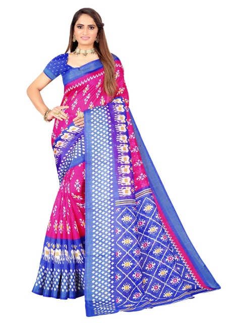 

KALINI Pink & Blue Ethnic Motifs Art Silk Ikat Saree