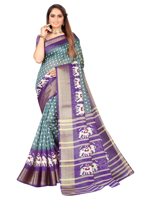 

KALINI Grey & Purple Ethnic Motifs Art Silk Ikat Saree