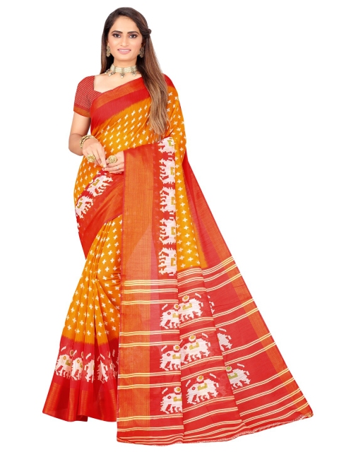 

KALINI Orange & Red Ethnic Motifs Zari Art Silk Ikat Saree