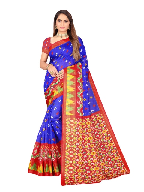 

KALINI Blue & Pink Ethnic Motifs Zari Art Silk Ikat Saree