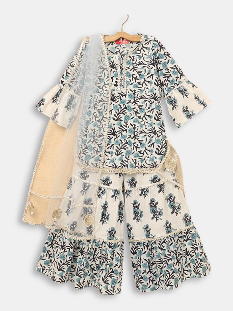 

Hopscotch Girls Blue Floral Printed Pure Cotton Kurti with Sharara & Dupatta