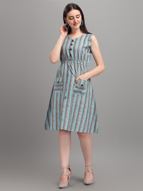 

RIVAMA Women Blue & Beige Striped Dress