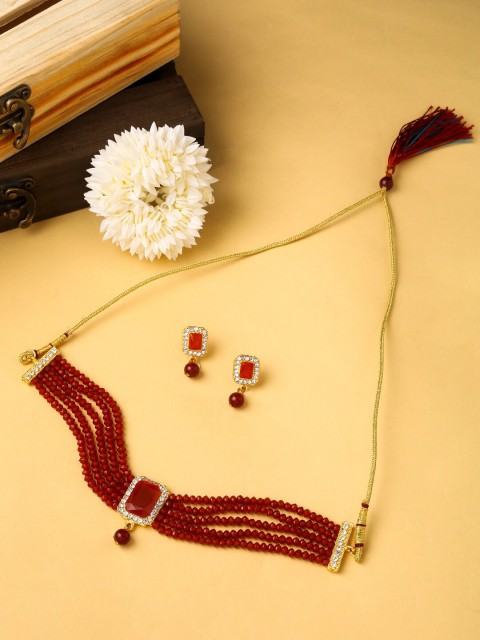 

VIRAASI Gold-Plated Maroon Artificial Stones & Beads Studded Jewellery Set