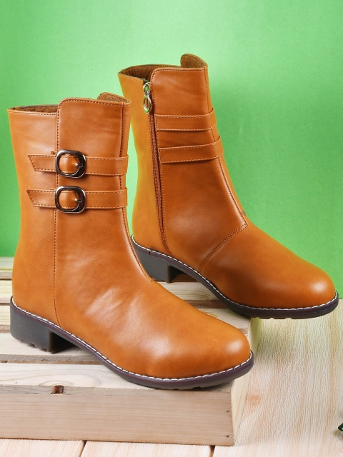 

THE WHITE POLE Women Tan Solid Mid-Top Regular Short Boots