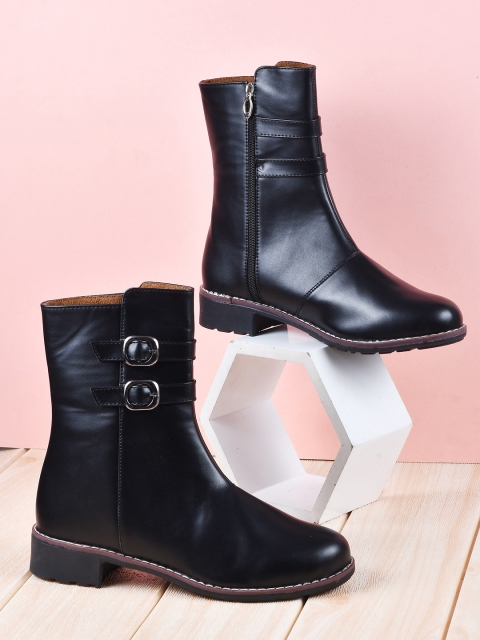 

THE WHITE POLE Women Black Solid Regular Short Block Heeled Boots