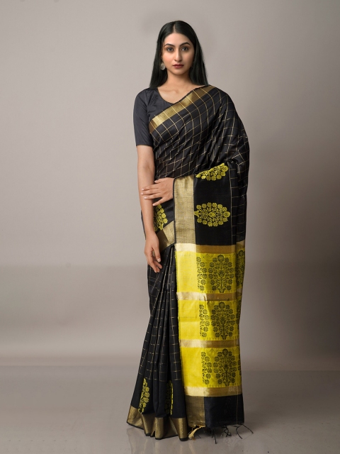 

Unnati Silks Black & Yellow Woven Design Zari Silk Blend Jamdani Saree