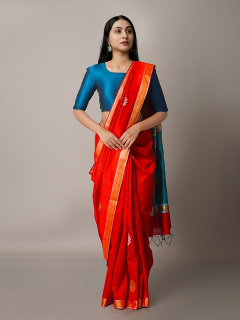 

Unnati Silks Red & Gold-Toned Woven Design Zari Silk Blend Jamdani Saree