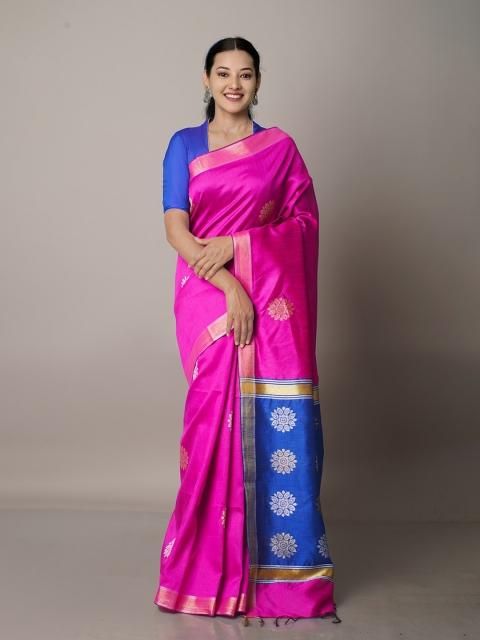 

Unnati Silks Pink & Blue Woven Design Zari Silk Blend Jamdani Saree