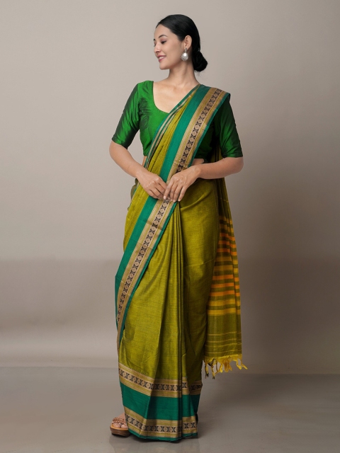 

Unnati Silks Green & Orange Woven Design Zari Pure Cotton Narayan Peth Saree