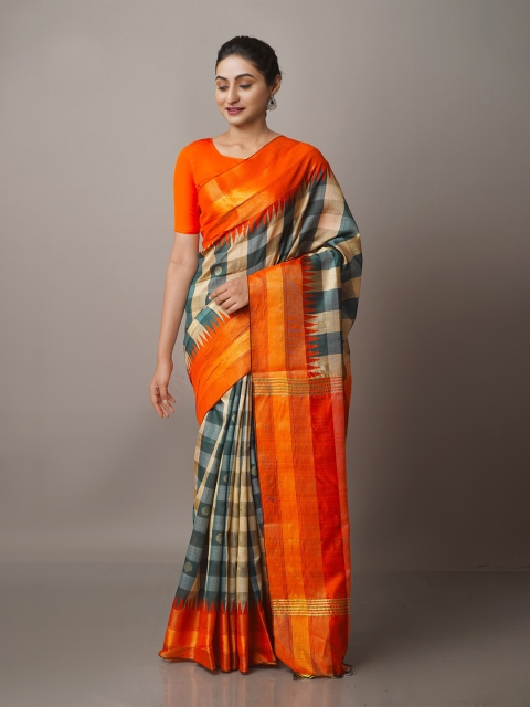 

Unnati Silks Cream-Coloured & Teal Woven Design Zari Silk Blend Jamdani Saree