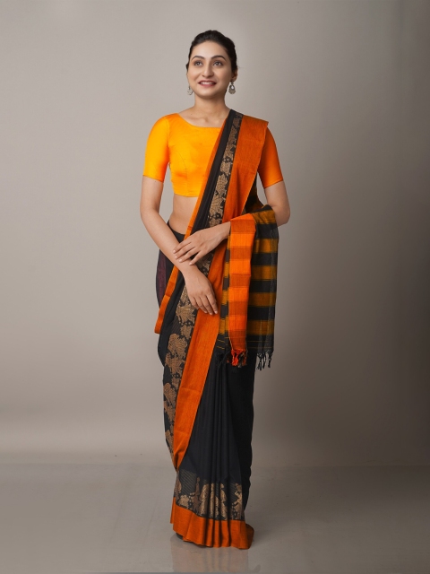 

Unnati Silks Black & Orange Woven Design Pure Cotton Narayan Peth Saree