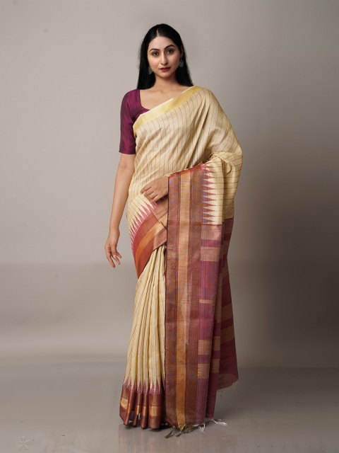 

Unnati Silks Cream-Coloured & Pink Woven Design Zari Silk Blend Jamdani Saree