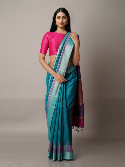 

Unnati Silks Blue & Pink Woven Design Zari Silk Blend Jamdani Saree