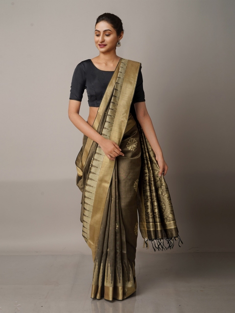 

Unnati Silks Brown & Gold-Toned Woven Design Zari Silk Blend Jamdani Saree
