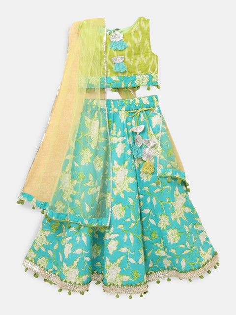 

Hopscotch Girls Turquoise Blue & Yellow Printed Ready to Wear Lehenga & Choli