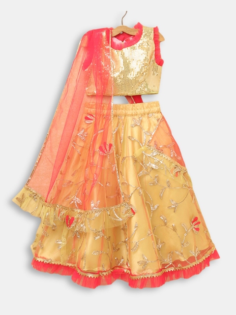 

Hopscotch Girls Yellow & Gold-Toned Embellished Ready to Wear Lehenga Choli