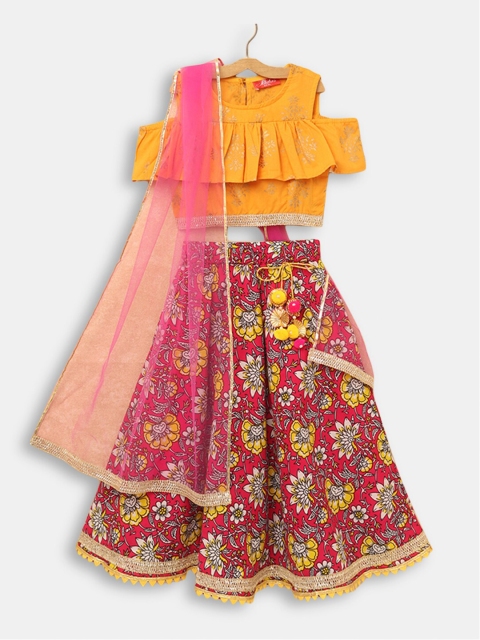 

Hopscotch Girls Purple & Yellow Cotton Printed Ready to Wear Lehenga & Blouse With Dupatta