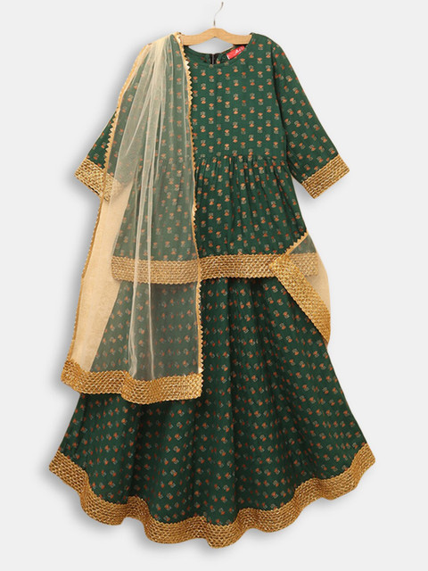 

Hopscotch Girls Green & Beige Printed Ready to Wear Lehenga Choli & Dupatta