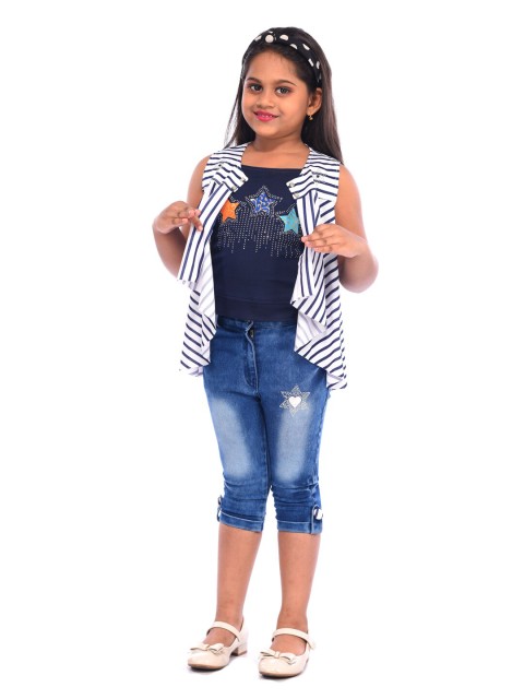 

AAYAT FASHION Unisex Kids Blue & White T-shirt with Trousers & Jacket