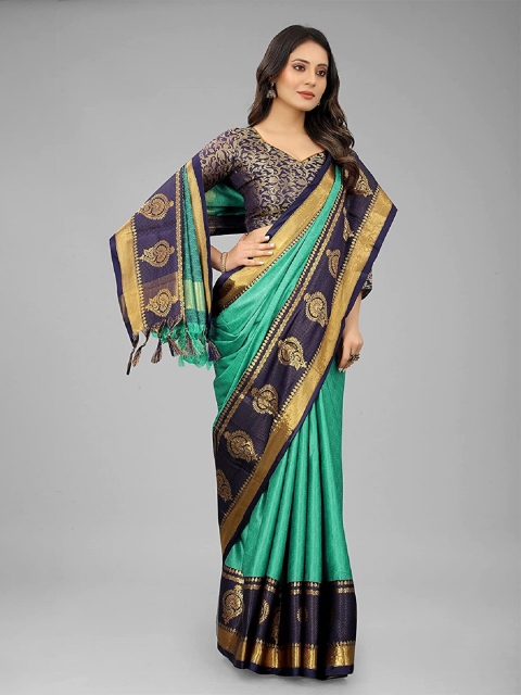 

M M Venture Navy Blue & Sea Green Woven Design Zari Pure Cotton Saree