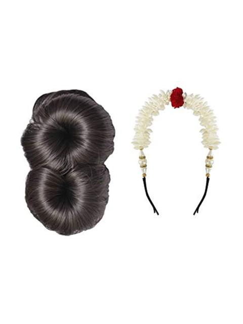 

CHRONEX Pack of 2 Black Synthetic Funky Clutcher Juda Hair Extension With White Gajra